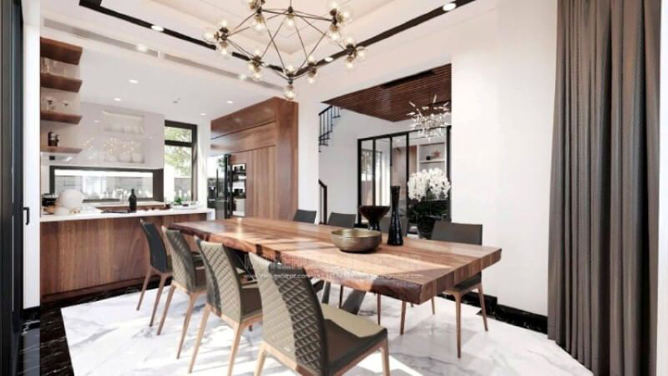 Sẽ là một gợi ý tuyệt vời với sự hiện hữu tủ bếp gỗ óc chó veneer trầm ấm kết hợp tone màu trắng sáng, long lanh từ tủ bếp trên gỗ An Cường acrylic và mặt bàn bếp đá nhân tạo gốc thạch anh. Sự tương phản giữa 2 sắc màu sẽ là ý tưởng tuyệt vời cho thiết kế nội thất phòng bếp hiện đại cho không gian nhà phố, biệt thự.