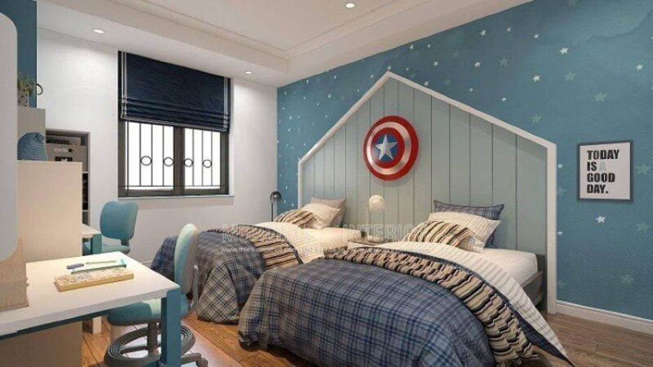 thiết kế nội thất phòng ngủ bé trai luôn sử dụng những gam màu nhẹ nhàng mang cá tính riêng vì thế mà màu xanh lại là màu rất được các bé trai ưa chuộng. Với diện tích đủ lớn mẫu thiết kế nội thất phòng ngủ với giường đôi dành cho 2 bé trai sẽ là gợi ý lý tưởng cho các không gian như biệt thự, nhà phố, chung cư.