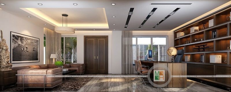 Thiết kế nội thất phòng làm việc sang trọng với sự kết hợp hài hòa của đồ nội thất mang đến một không gian làm việc lí tưởng