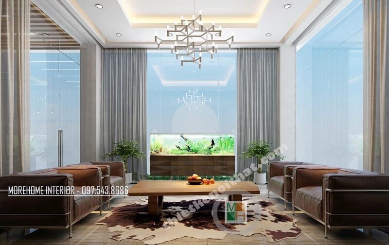 Trang trí nội thất phòng khách công ty VCC hiện đại,đẳng cấp với diện tích lớn tạo ấn tượng cho khách hàng trước vẻ đẹp choáng ngợp của căn phòng