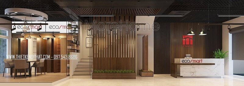 Mẫu thiết kế showroom cửa gỗ công nghiệp ATA chuyên nghiệp sử dụng gỗ công nghiệp để ốp tường mang đến vẻ đẹp sang trọng, đẳng cấp thu hút khách hàng