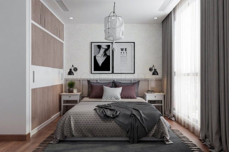 Nội thất phòng ngủ chung cư được sắp xếp hợp lí kết hợp màu sắc tinh tế, hài hòa tạo cho không gian thêm phần thoải mái và thư giãn nhất