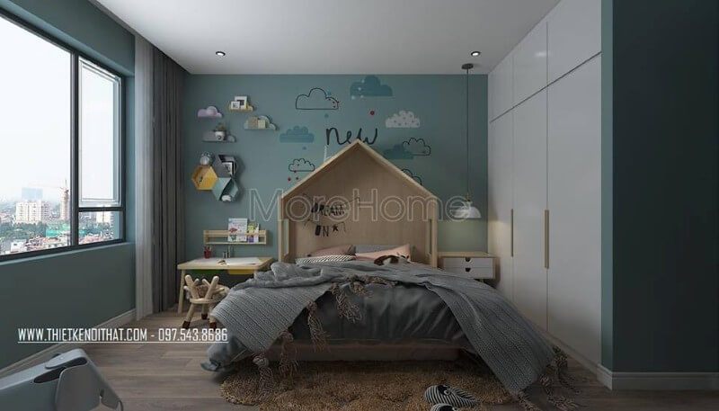 Thiết kế phòng ngủ cho trẻ với điểm nhấn nổi bật là giường ngủ gỗ công nghiệp với đầu giường cách điệu ngôi nhà, mẫu giường ngủ cho bé hứa hẹn sẽ là mẫu giường ngủ hot cho các bé