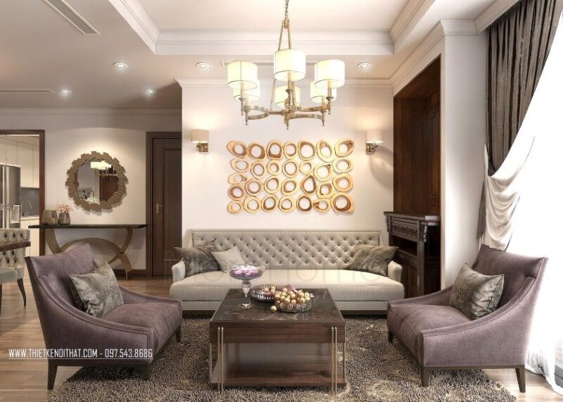 Mẫu thiết kế nội thất phòng khách chung cư mang đến phong cách tân cổ điển đẹp mắt.