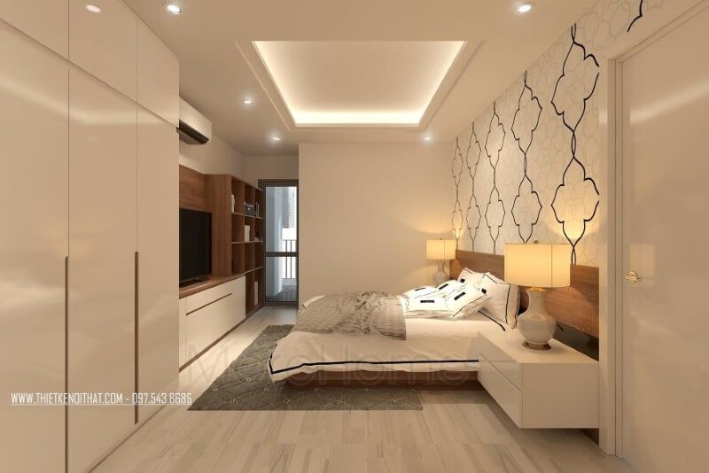 Thiết kế nội thất phòng ngủ chung cư hiện đại sử dụng tone màu nâu đồng nhất với tone màu chủ đạo của căn nhà gợi sự ấm áp và thân mật