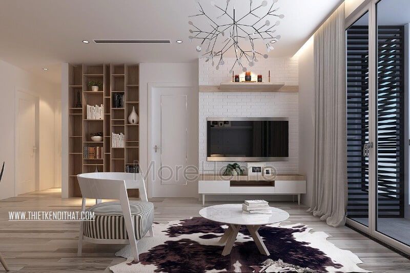 Trang trí phòng khách của chung cư được nâng cao hơn với sự sử dụng của giấy dán tường Hàn Quốc cao cấp.