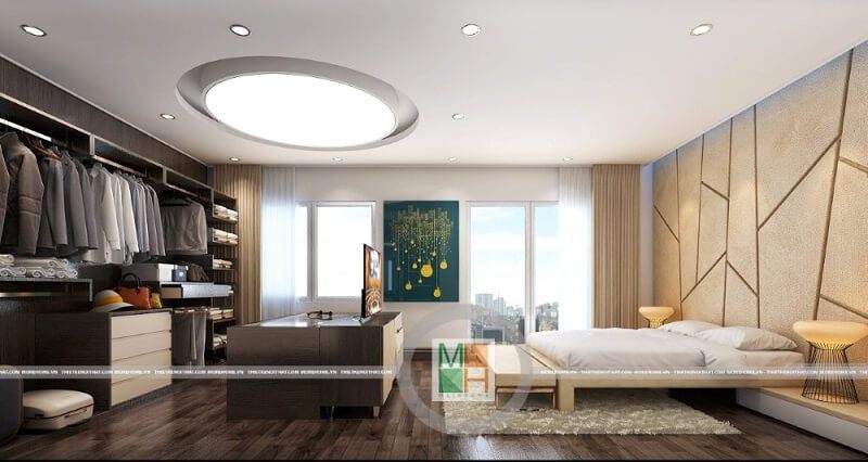 Mẫu thiết kế phòng ngủ hiện đại cho chung cư với đồ nội thất gỗ tự nhiên cao cấp: giường ngủ gỗ, tủ quần áo âm tường, tạp đầu giường, bàn trang điểm kết hợp với trần thạch cao lông lẫy mang đến cảm giác sang trọng cho căn phòng ngủ