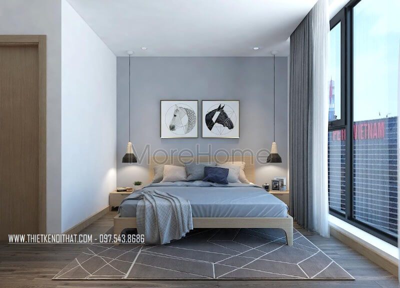 Chiếc giường hiện đại mỏng manh nhưng lại phù hợp với căn hộ này, chất liệu gỗ công nghiệp tạo nên vẻ đẹp tinh tế cho không gian