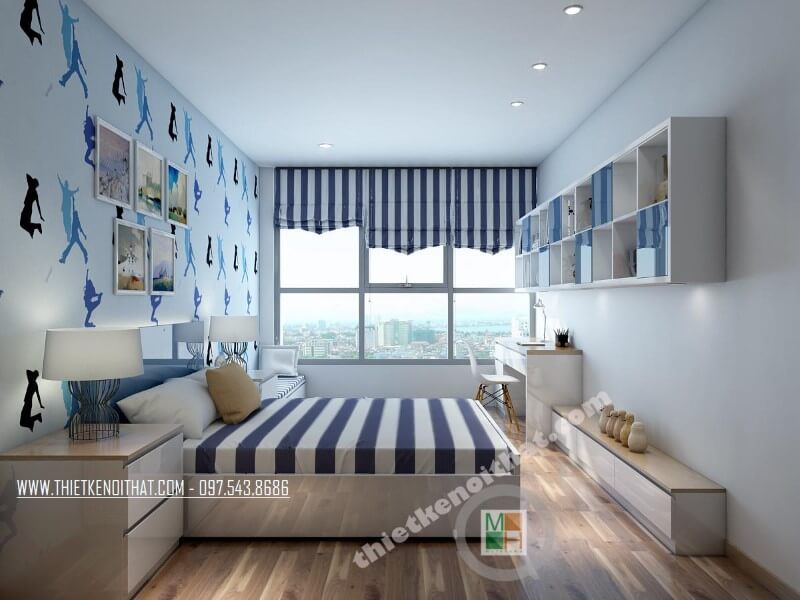 Thiết kế phòng ngủ cho bé với tông màu xanh mát nhẹ nhàng mang lại sự bình yên và dễ chịu. Thiết kế tủ kéo dài tạo ấn tượng về sự tiện lợi và trẻ trung.