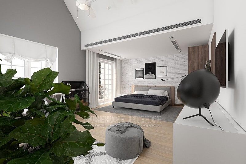 Trang trí nội thất phòng ngủ biệt thự đẹp với giường ngủ, kệ gỗ, đèn để bàn, rèm cửa, giấy dán tường, cây xanh....