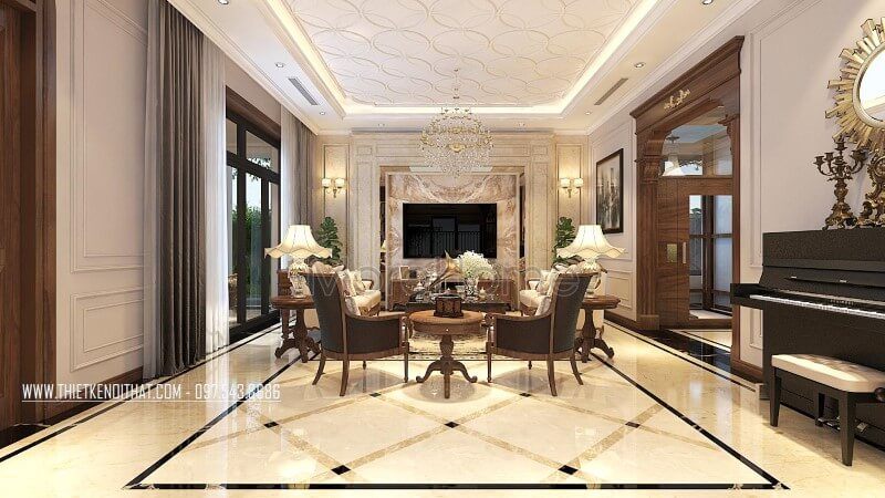 Mẫu bàn ghế sofa đơn gỗ óc chó đẹp cho phòng khách biệt thự Vinhomes Greenbay