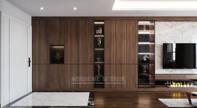 Tủ trang trí gỗ óc chó hiện đại đẹp đẳng cấp tại phòng khách chung cư Imperia Sky Garden Minh Khai Hai Bà Trưng Hà Nội