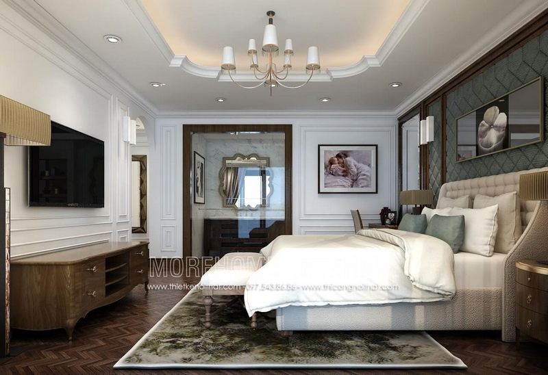 Mẫu kệ tivi gỗ óc chó tân cổ điển đẹp cao cấp cho phòng ngủ biệt thự