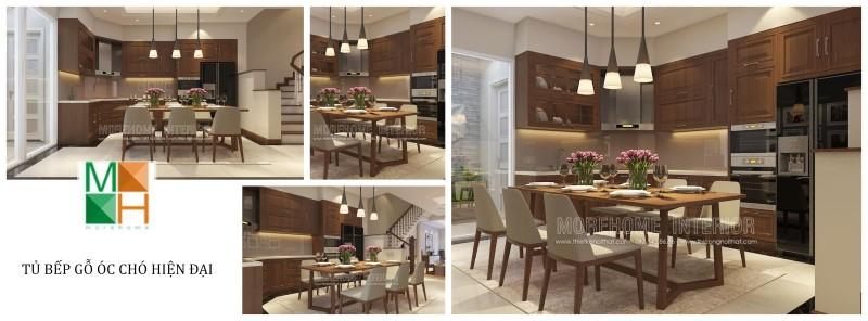 Tủ bếp hiện đại bằng gỗ óc chó, giải pháp tối ưu cho sự sang trọng, ấm áp của không gian bếp.