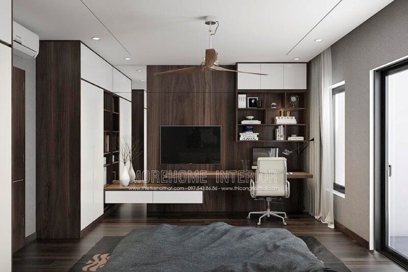 Kệ tivi liền bàn học độc đáo cho phòng ngủ hiện đại.