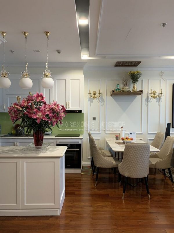 Hình ảnh công trình thi công khu vực bàn ghế ăn tân cổ điển bọc da đẹp cho chung cư Vinhomes Nguyễn Chí Thanh quận Đống Đa Hà Nội