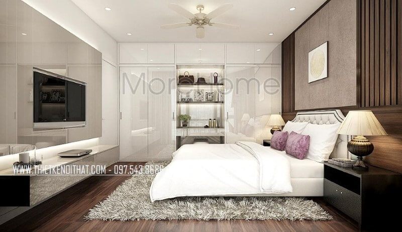 Thiết kế nội thất phòng ngủ master đẹp, sang trọng ấn tượng với tủ quần áo hiện đại, giường bọc nệm đương đại kết hợp cùng gỗ ốp tường gỗ óc chó cao cấp.