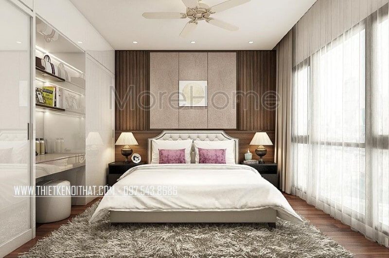 Trang trí nội thất phòng ngủ master sang trọng, độc đáo với giường ngủ hiện đại bọc nệm đẹp, tab đầu giường sắc đen phá cách cùng tường trang trí đẹp mắt.