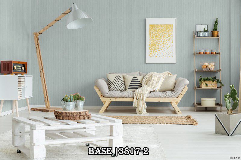 Nội thất màu sáng trắng được đặt bên cạnh mẫu giấy dán tường màu xanh 3817-2 trông nổi bật hơn rất nhiều.