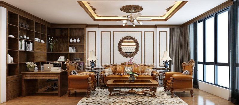 Phòng làm việc độc đáo hơn với bộ Sofa tân cổ điển chạm trổ cầu kỳ, bọc da màu vàng sang trọng