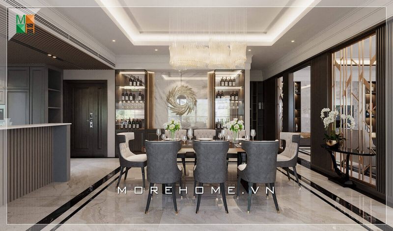 Mẫu thiết kế vách ngăn cnc giúp tạo không gian riêng tư cho phòng khách và phòng ăn mà vẫn đảm bảo sự thông thoáng giữa các phòng nhờ cấu tạo bằng gỗ công nghiệp kết hợp inox mạ vàng cắt lazer tạo hình lạ mắt, mang đến sự sang trọng cao cấp cho không gian căn phòng