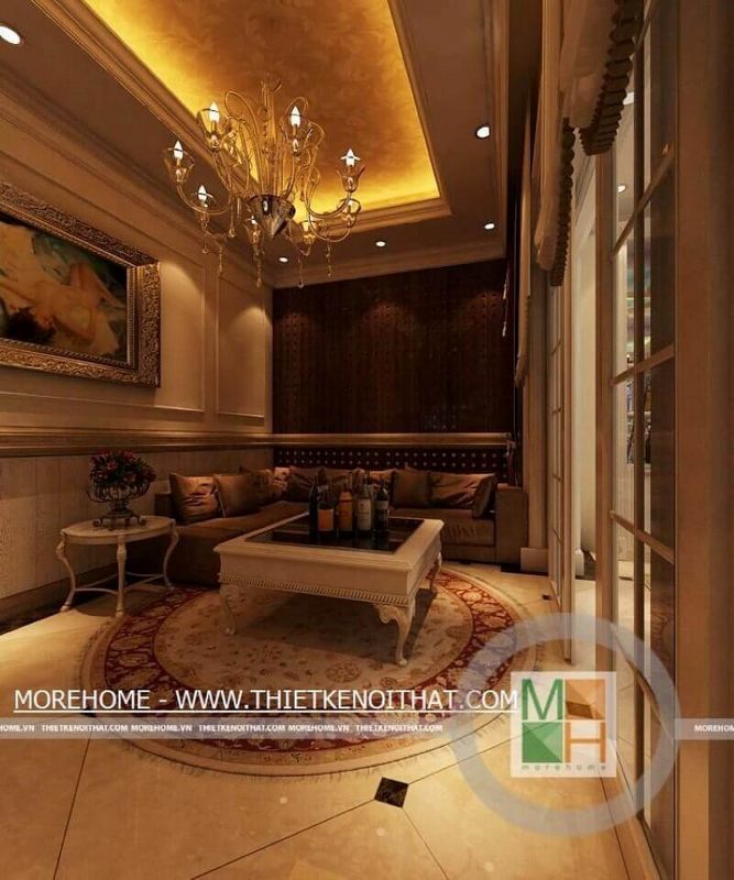 Thiết kế nội thất tầng hầm biệt thự cao cấp với cách trang trí tân cổ điển từ đèn trần, chậu hoa tạo nên không gian sang trọng, thể hiện đẳng cấp của gia chủ