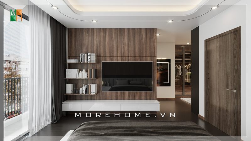 Mẫu kệ tivi gỗ phòng ngủ hiện đại màu trắng làm điểm nhấn cho căn phòng ngủ thêm ấn tượng