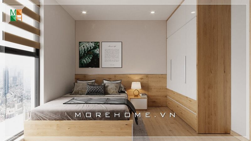 Thiết kế giường ngủ gỗ hiện đại, thiết kế đầu giường ấn tượng với gỗ ốp rất sang trọng và tiện nghi.